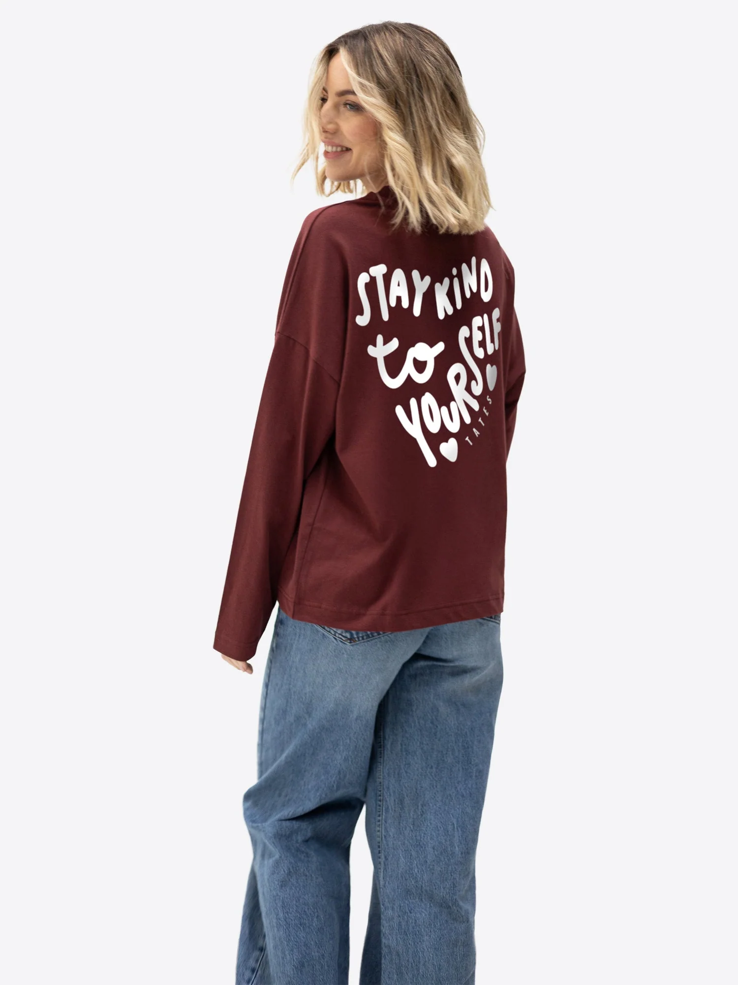 Oversized Longsleeve "Stay kind" – Bordeaux