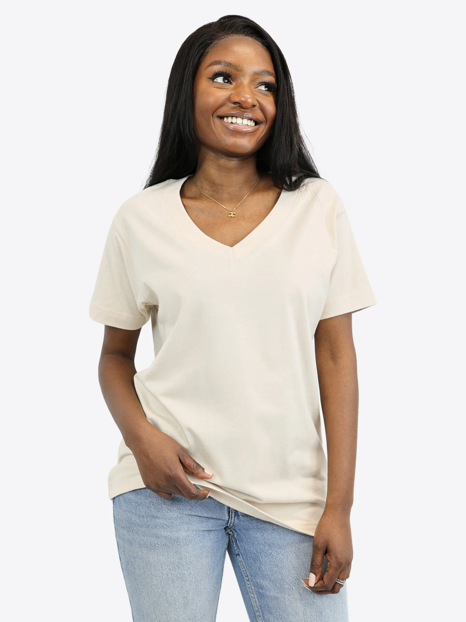 V-Ausschnitt T-Shirt – Beige